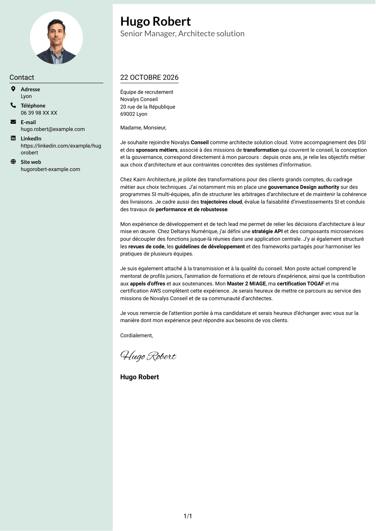 Lettre de motivation Cadre (format à colonne latérale douce avec photo arrondie) : Senior Manager, Architecte solution - Cloud et conseil IT, page 1