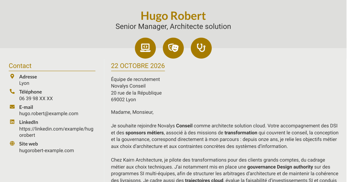 7 modèles de lettre de motivation pour Senior Manager, Architecte solution - Cloud et conseil IT, avec exemples