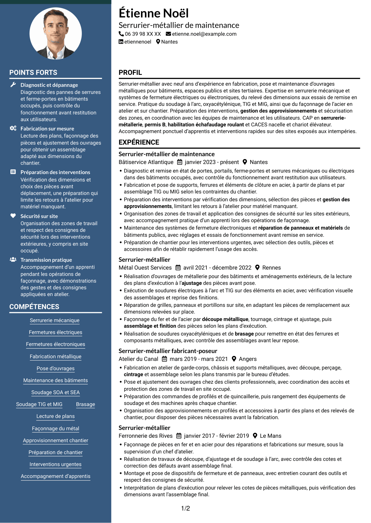 CV Élégant (format à colonne latérale colorée avec photo) : Serrurier métallier - Maintenance des bâtiments publics, page 1