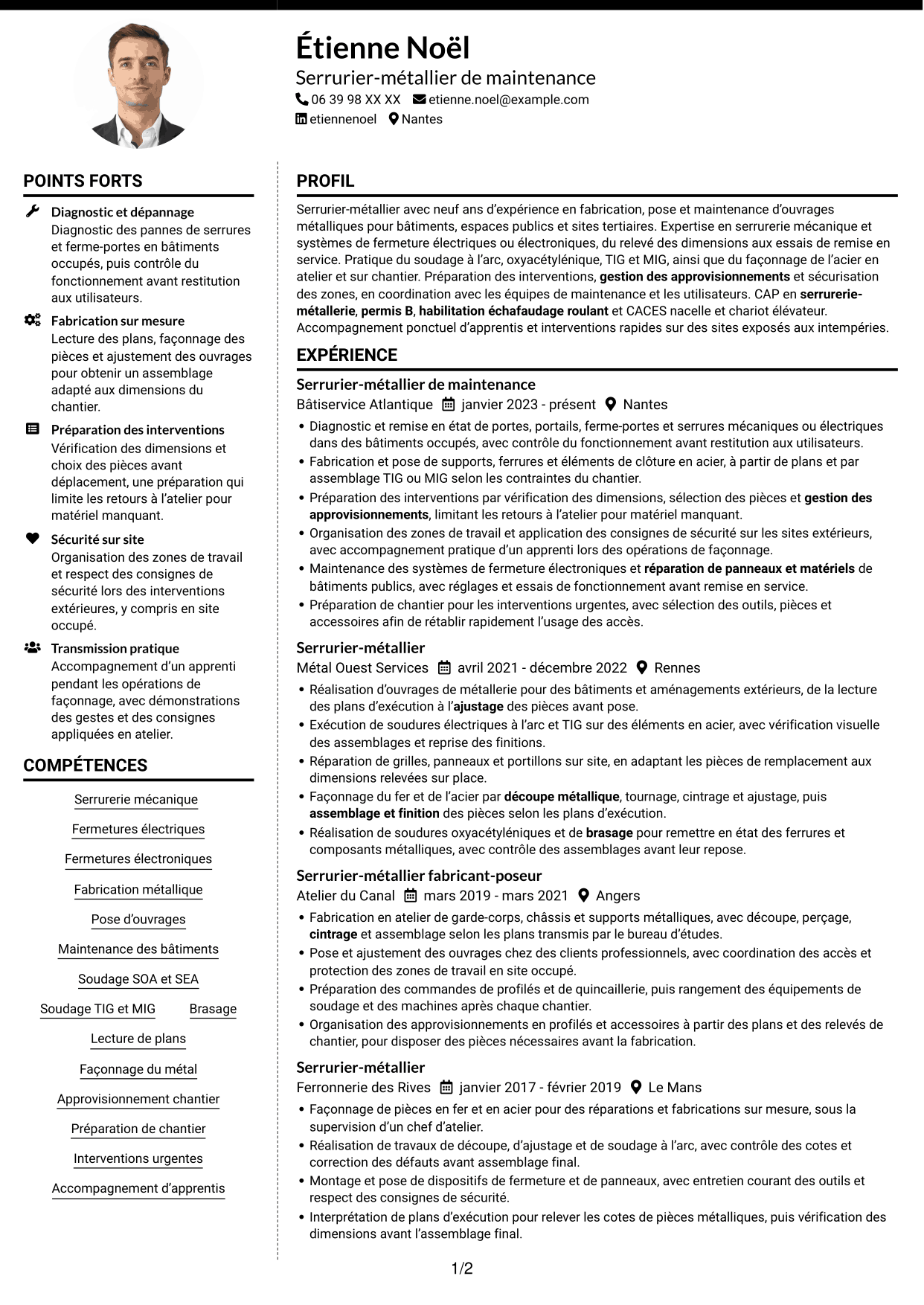 CV Moderne (format à deux colonnes avec photo à gauche et séparateur) : Serrurier métallier - Maintenance des bâtiments publics, page 1