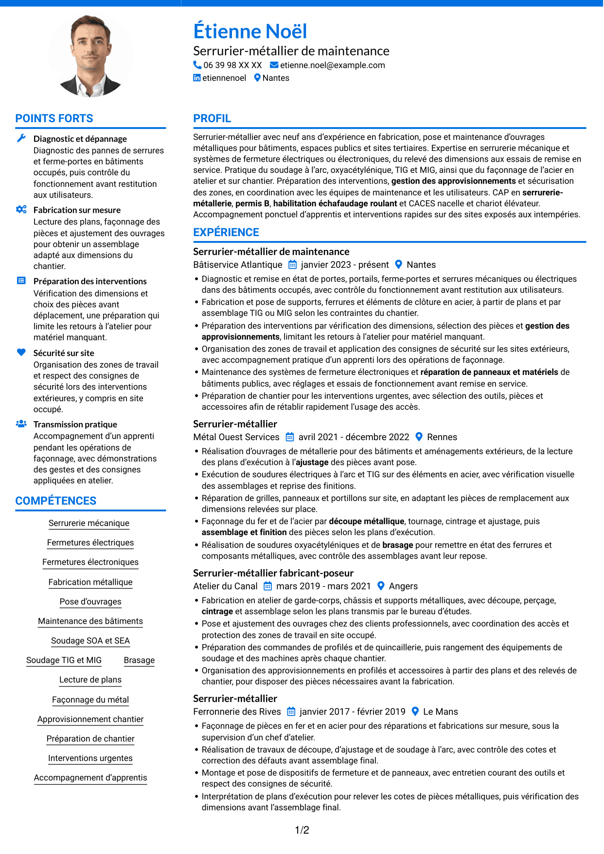 CV Audacieux (format à deux colonnes avec accents colorés et photo) : Serrurier métallier - Maintenance des bâtiments publics, page 1