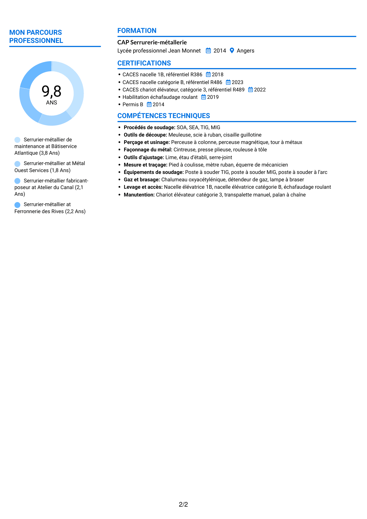 CV Audacieux (format à deux colonnes avec accents colorés et photo) : Serrurier métallier - Maintenance des bâtiments publics, page 2