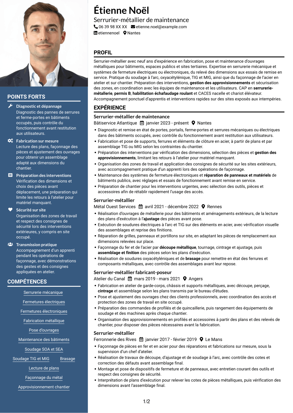 CV Signature (format à colonne latérale colorée avec grande photo) : Serrurier métallier - Maintenance des bâtiments publics, page 1