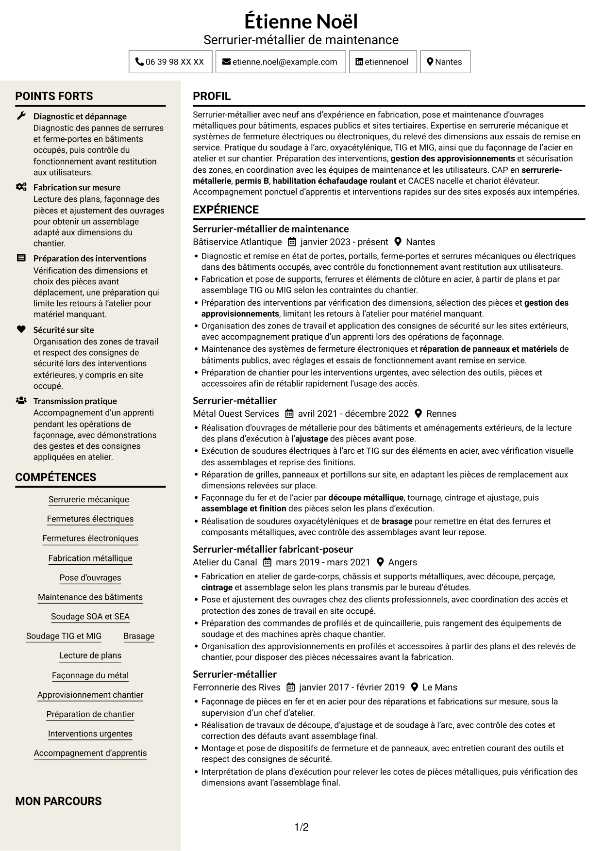 CV Fonceur (format à deux colonnes avec en-tête centré sans photo) : Serrurier métallier - Maintenance des bâtiments publics, page 1