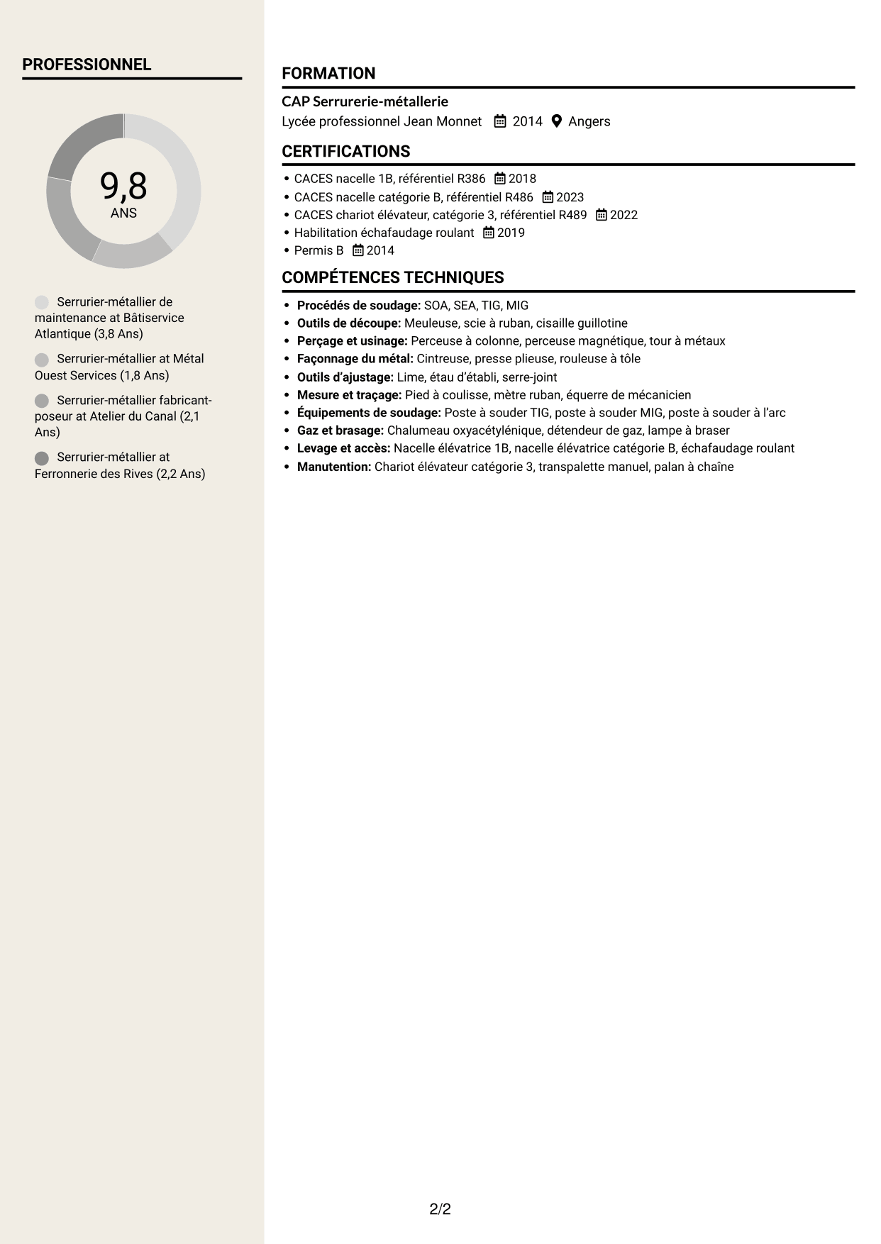 CV Fonceur (format à deux colonnes avec en-tête centré sans photo) : Serrurier métallier - Maintenance des bâtiments publics, page 2