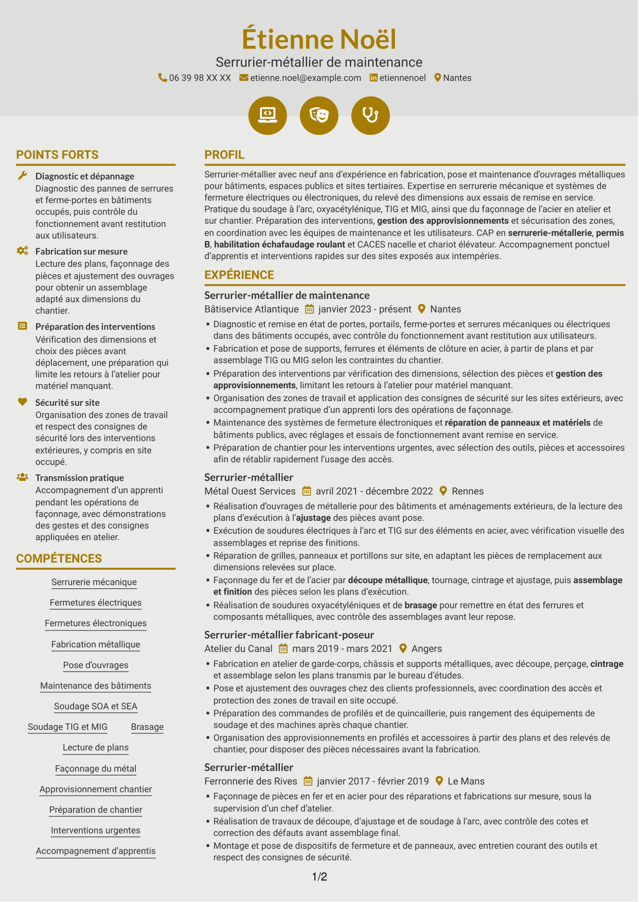 CV Dynamique (format à deux colonnes avec icônes) : Serrurier métallier - Maintenance des bâtiments publics, page 1