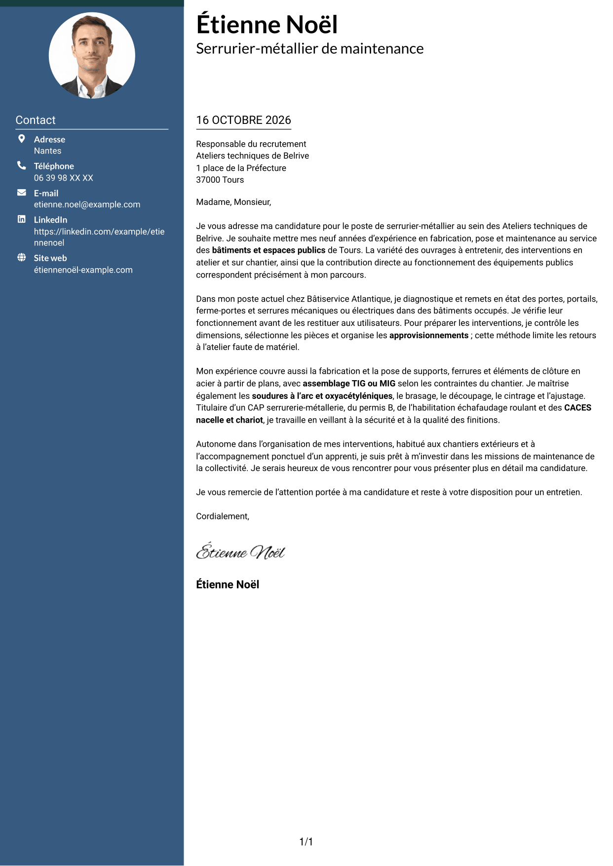 Lettre de motivation Élégant (format à colonne latérale colorée avec photo) : Serrurier métallier - Maintenance des bâtiments publics, page 1