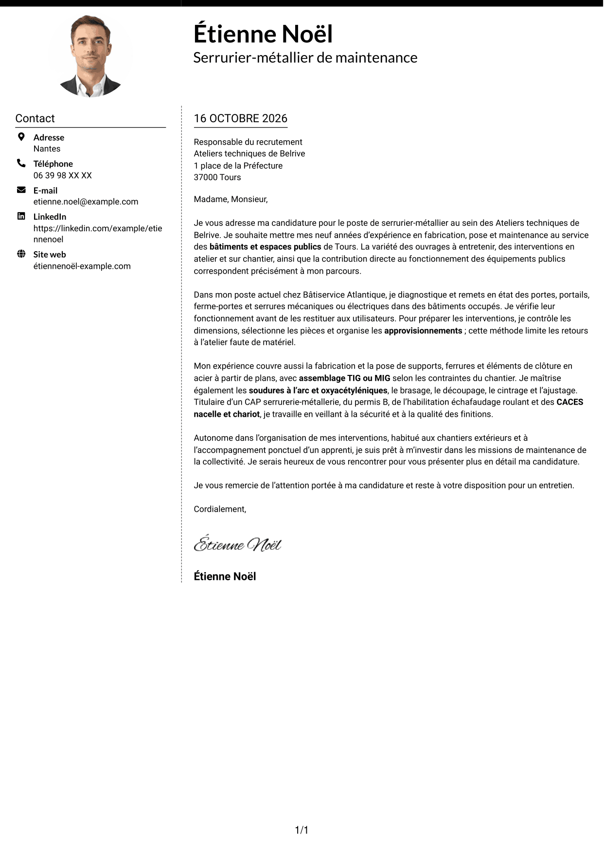 Lettre de motivation Moderne (format à deux colonnes avec photo à gauche et séparateur) : Serrurier métallier - Maintenance des bâtiments publics, page 1