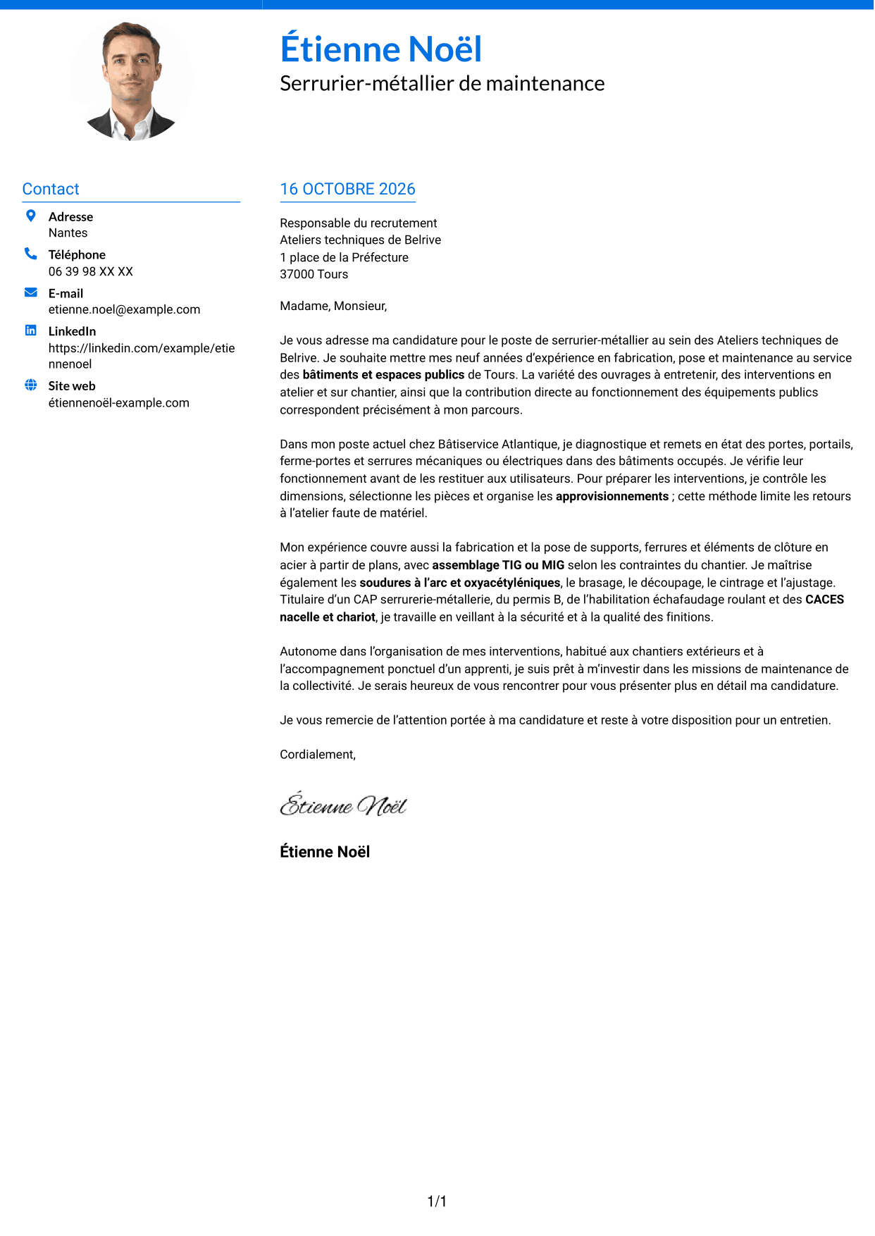 Lettre de motivation Audacieux (format à deux colonnes avec accents colorés et photo) : Serrurier métallier - Maintenance des bâtiments publics, page 1