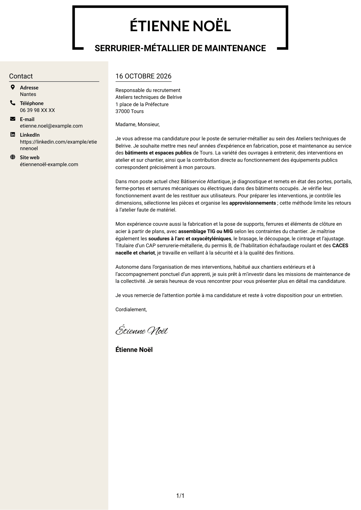 Lettre de motivation Fonceur (format à deux colonnes avec en-tête centré sans photo) : Serrurier métallier - Maintenance des bâtiments publics, page 1
