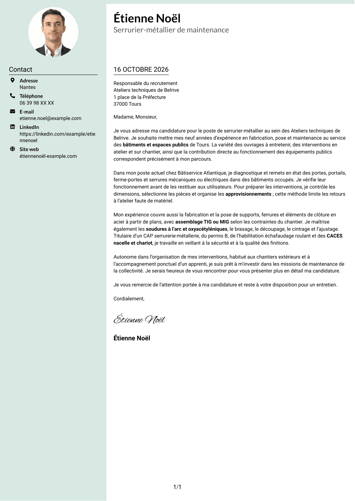 Lettre de motivation Cadre (format à colonne latérale douce avec photo arrondie) : Serrurier métallier - Maintenance des bâtiments publics, page 1