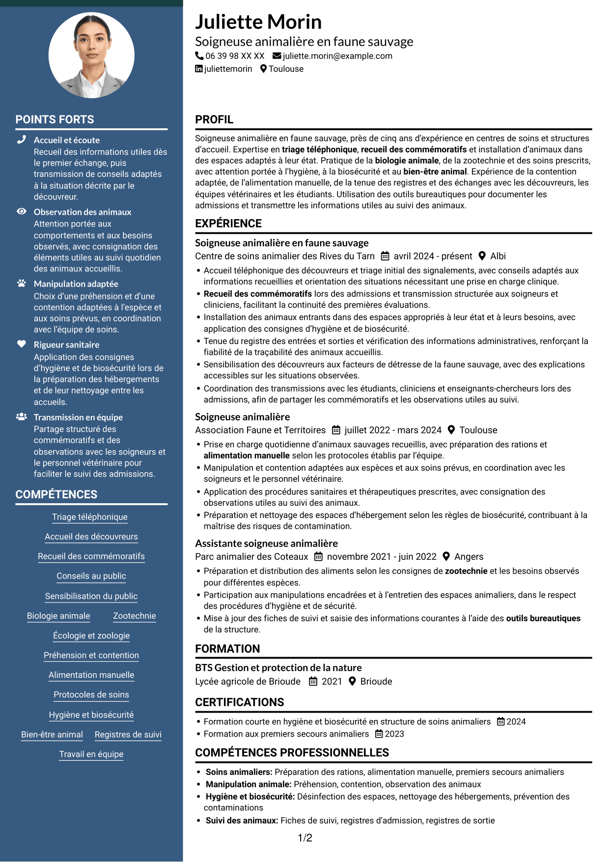 CV Élégant (format à colonne latérale colorée avec photo) : Soigneur animalier en faune sauvage, page 1