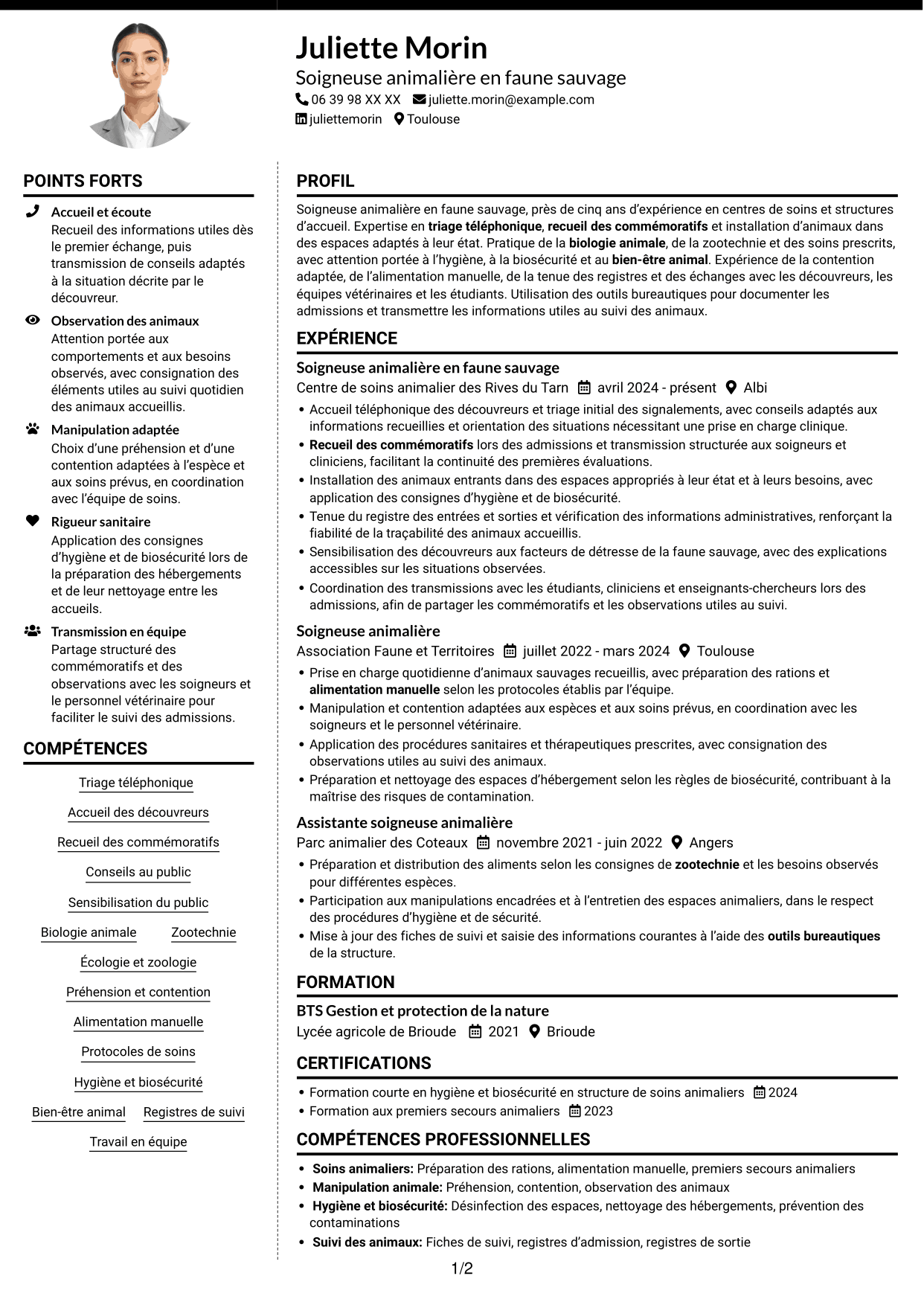 CV Moderne (format à deux colonnes avec photo à gauche et séparateur) : Soigneur animalier en faune sauvage, page 1