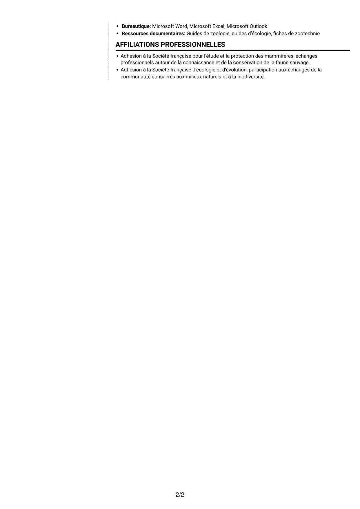 CV Moderne (format à deux colonnes avec photo à gauche et séparateur) : Soigneur animalier en faune sauvage, page 2