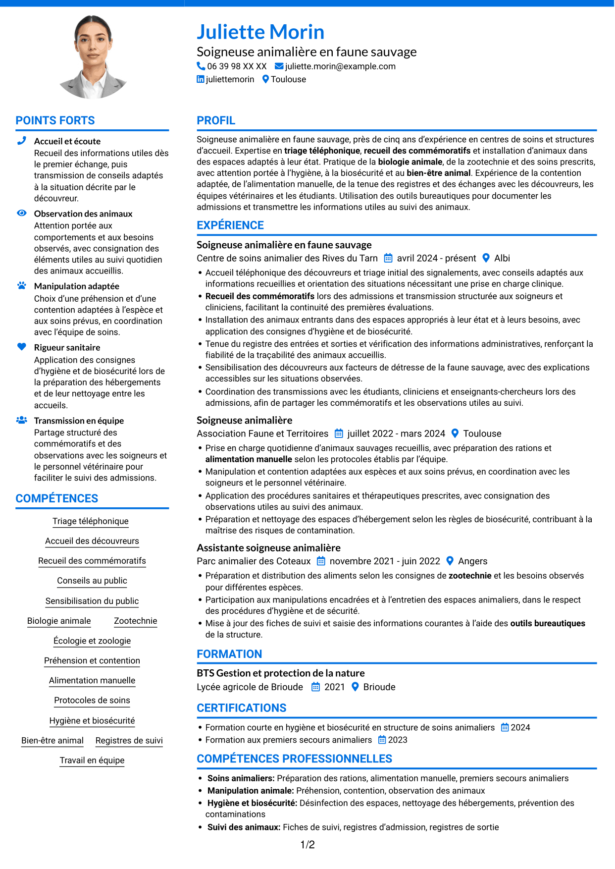 CV Audacieux (format à deux colonnes avec accents colorés et photo) : Soigneur animalier en faune sauvage, page 1