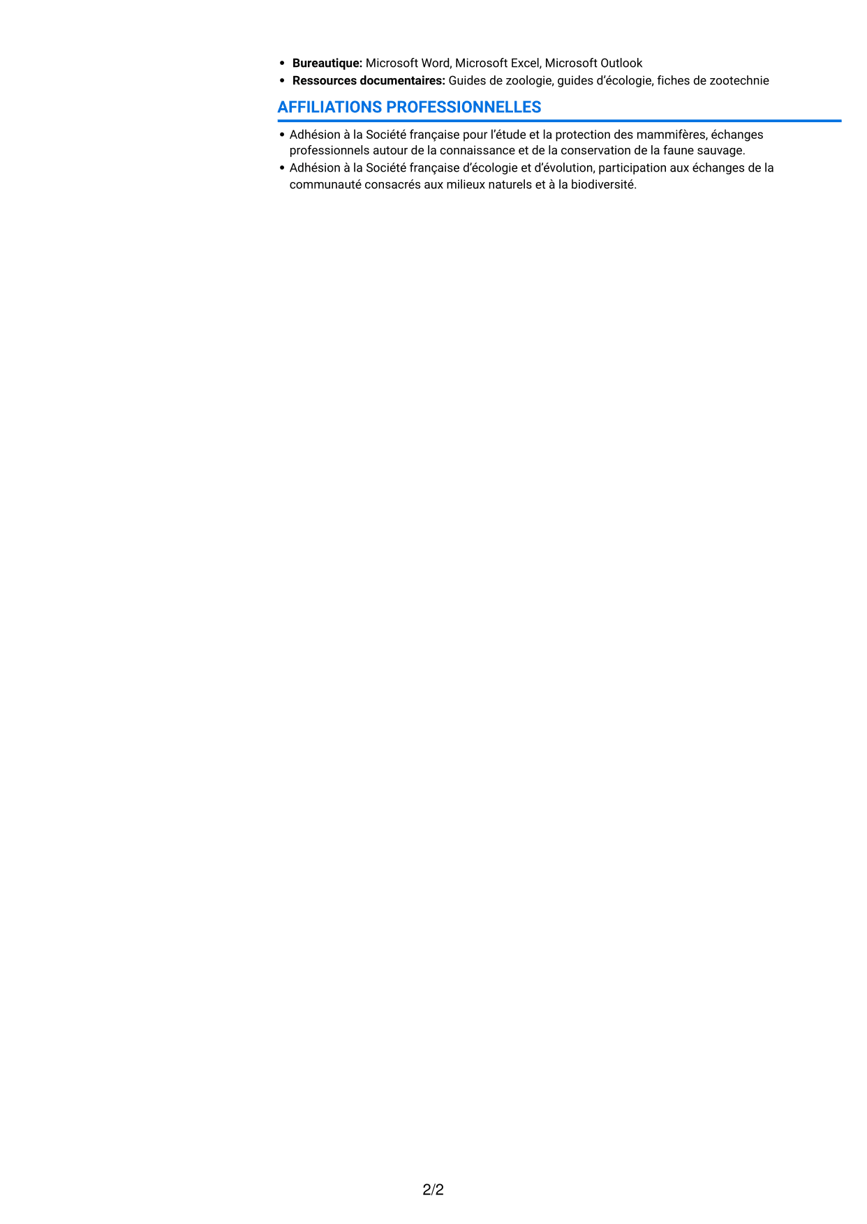 CV Audacieux (format à deux colonnes avec accents colorés et photo) : Soigneur animalier en faune sauvage, page 2