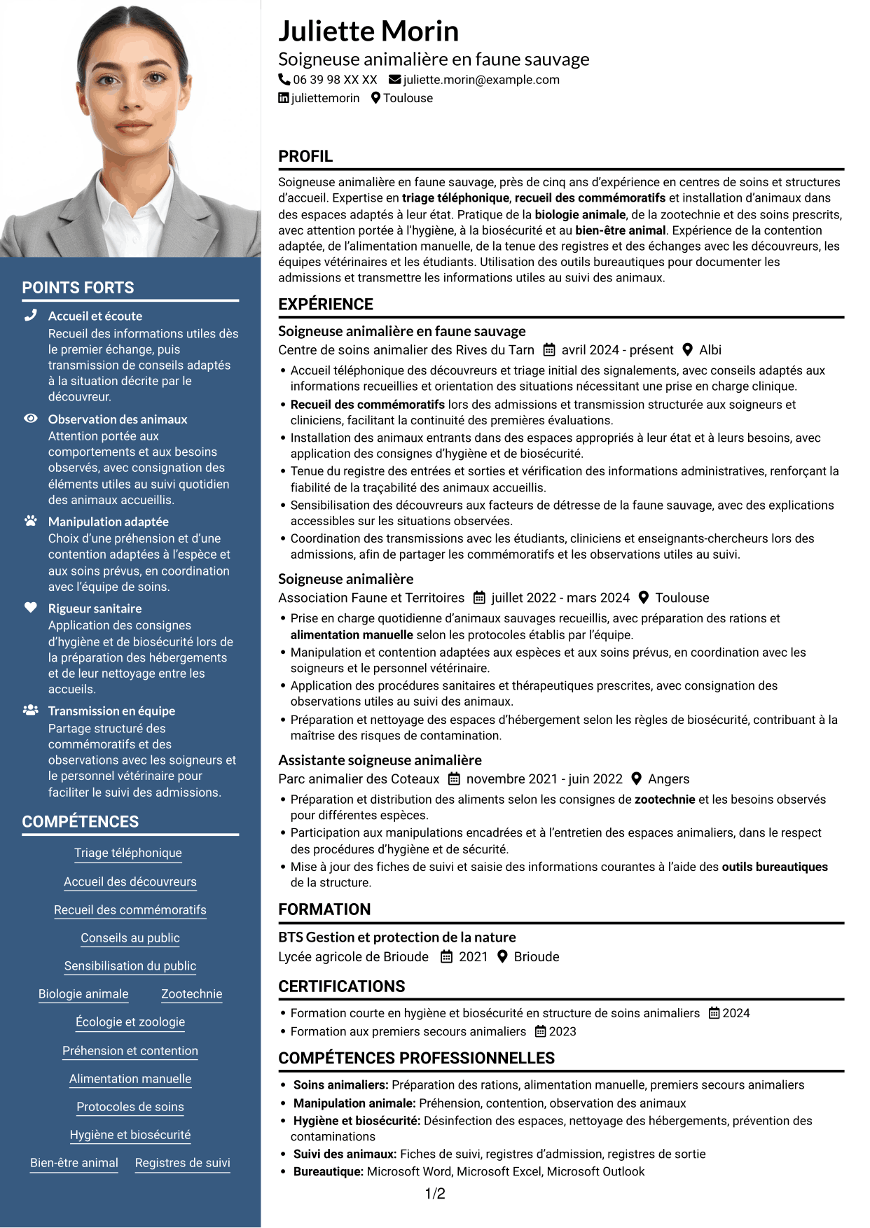 CV Signature (format à colonne latérale colorée avec grande photo) : Soigneur animalier en faune sauvage, page 1