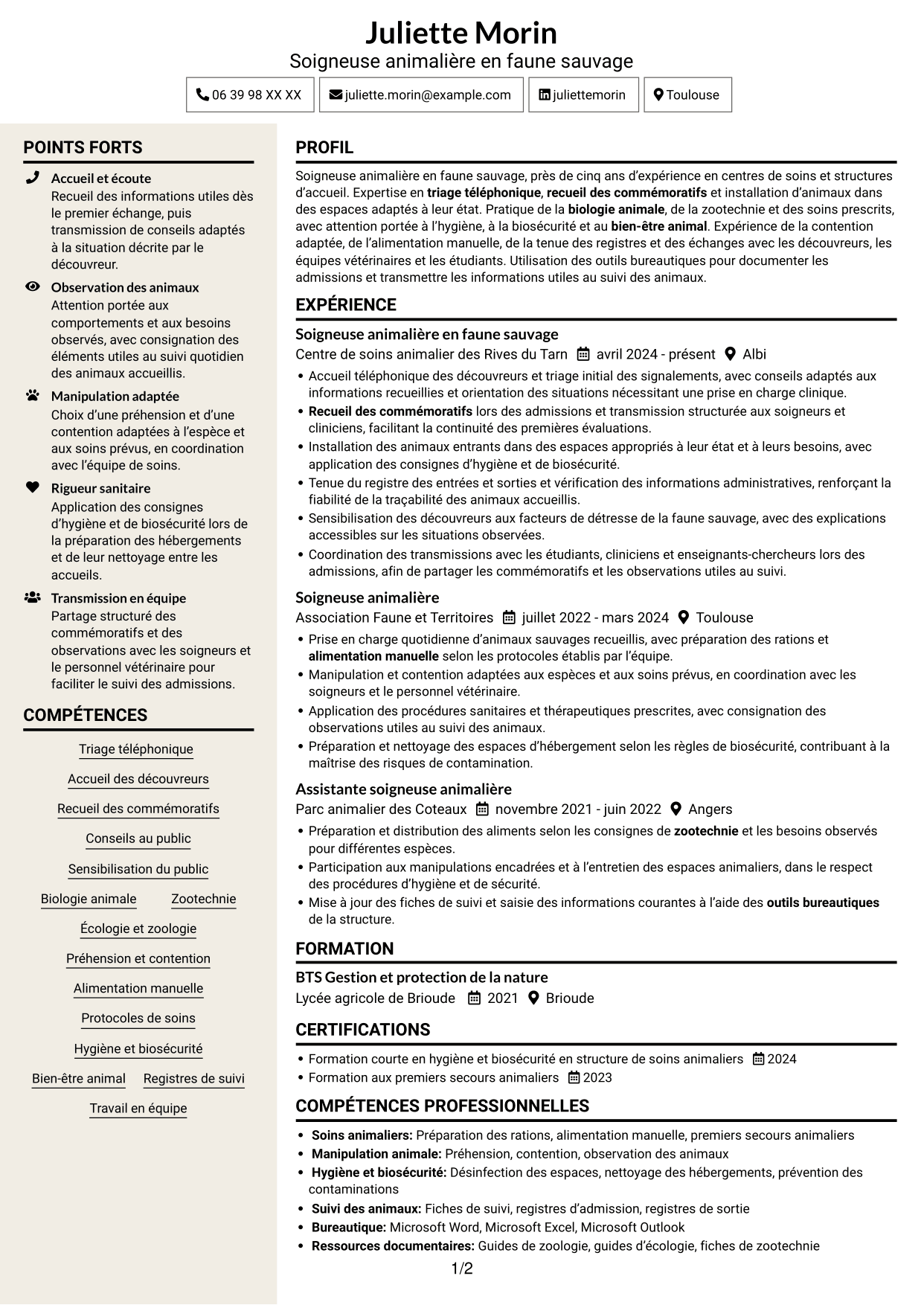 CV Fonceur (format à deux colonnes avec en-tête centré sans photo) : Soigneur animalier en faune sauvage, page 1