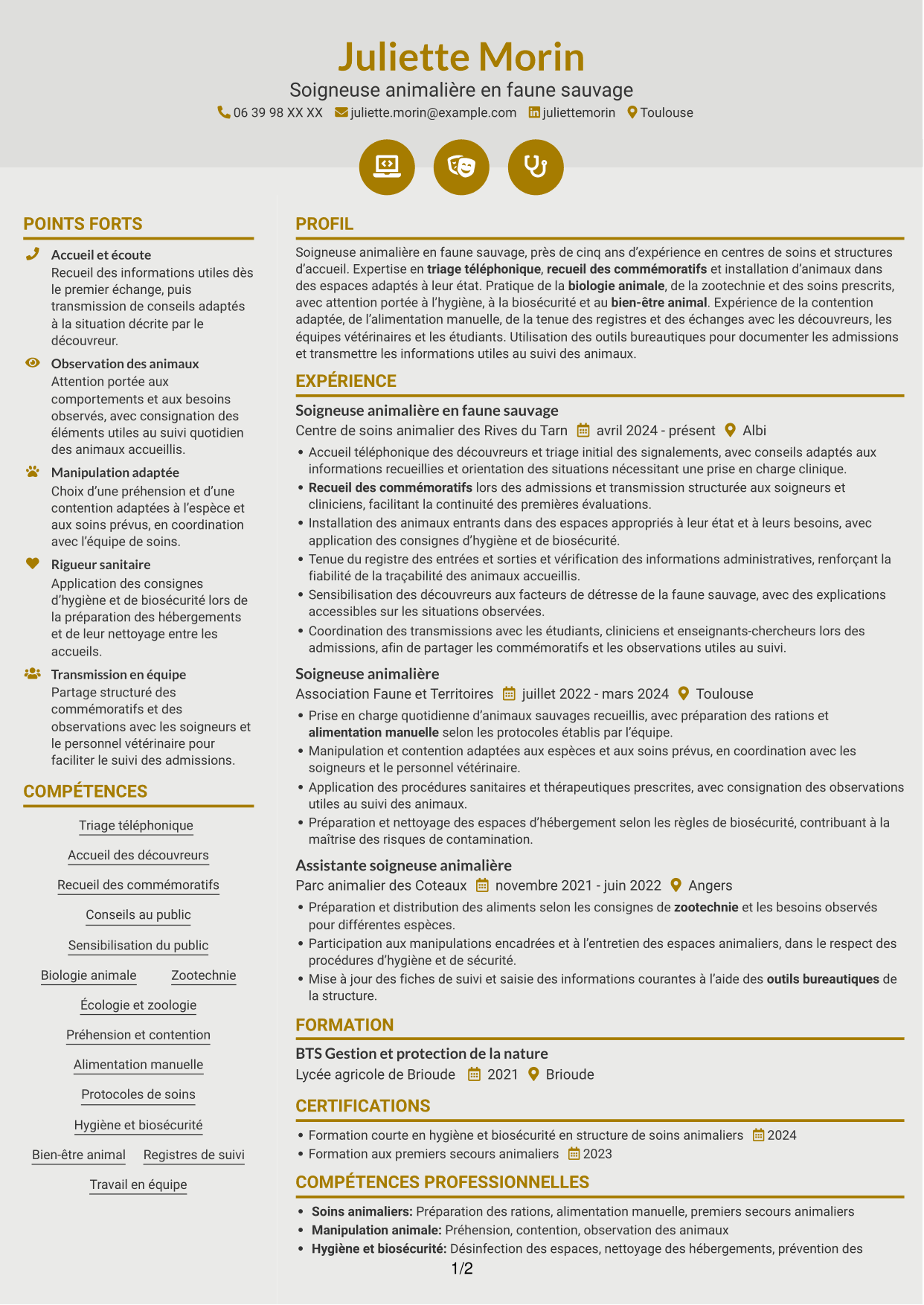 CV Dynamique (format à deux colonnes avec icônes) : Soigneur animalier en faune sauvage, page 1