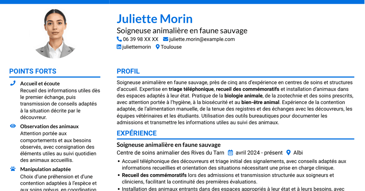 7 modèles de CV pour Soigneur animalier en faune sauvage, avec exemples