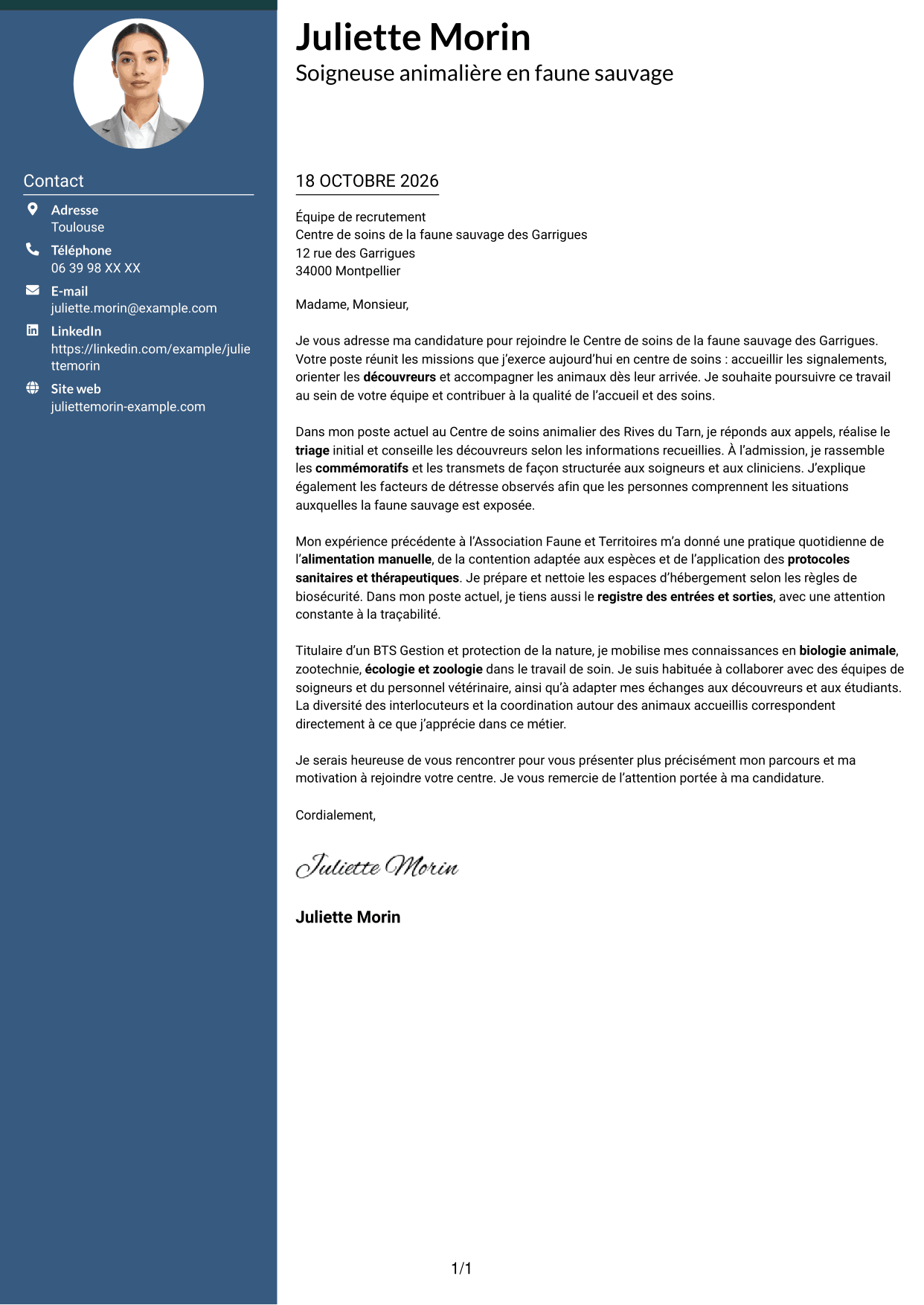 Lettre de motivation Élégant (format à colonne latérale colorée avec photo) : Soigneur animalier en faune sauvage, page 1