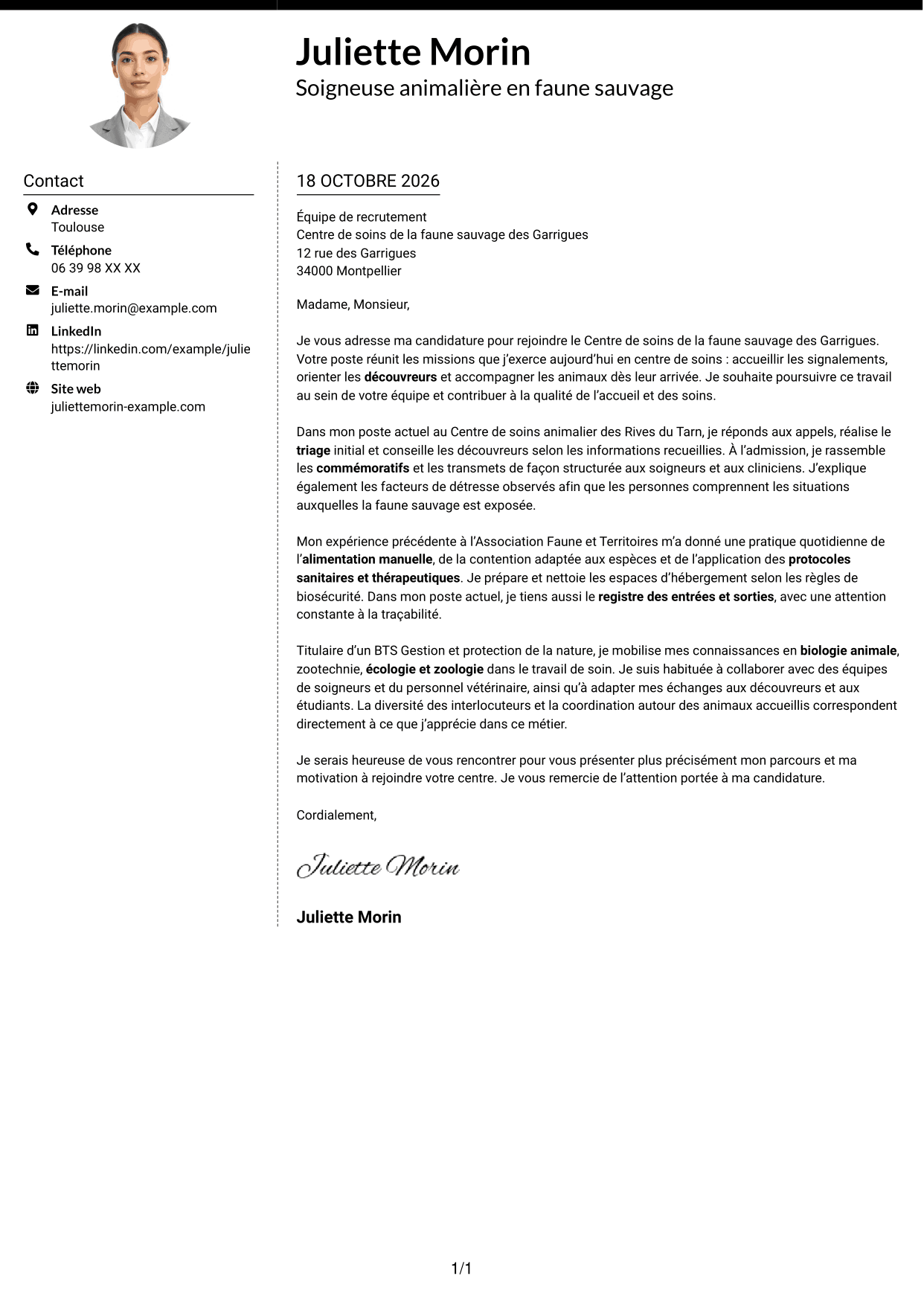 Lettre de motivation Moderne (format à deux colonnes avec photo à gauche et séparateur) : Soigneur animalier en faune sauvage, page 1