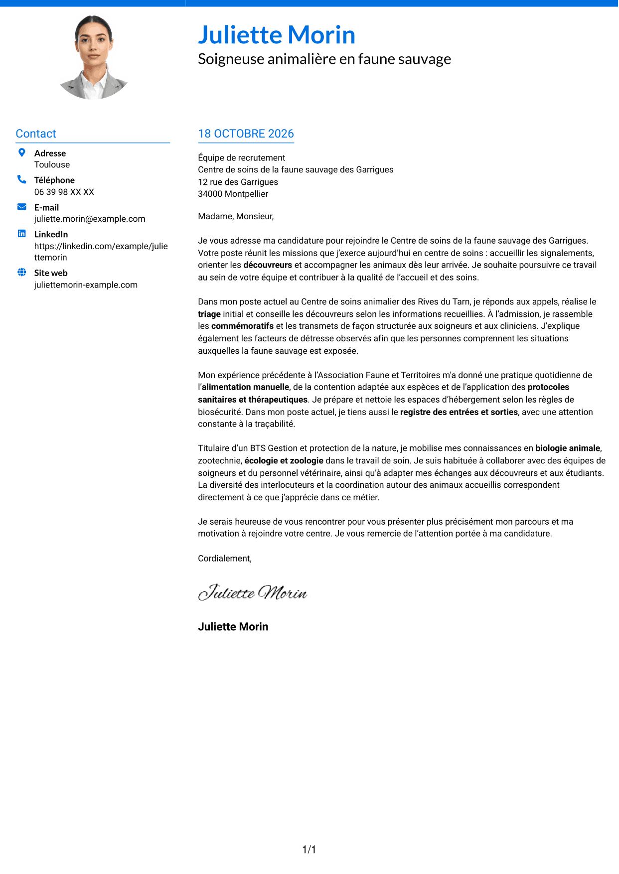 Lettre de motivation Audacieux (format à deux colonnes avec accents colorés et photo) : Soigneur animalier en faune sauvage, page 1