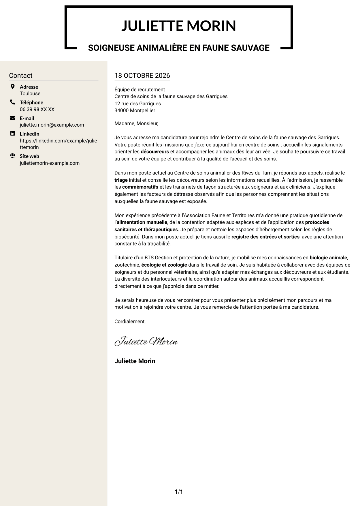 Lettre de motivation Fonceur (format à deux colonnes avec en-tête centré sans photo) : Soigneur animalier en faune sauvage, page 1