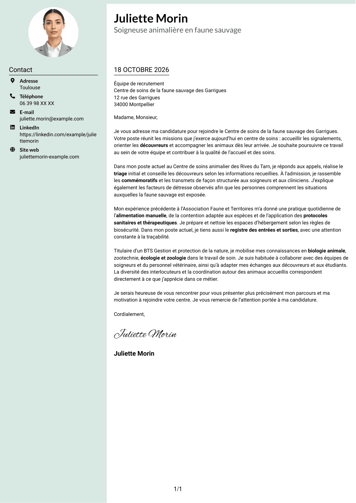 Lettre de motivation Cadre (format à colonne latérale douce avec photo arrondie) : Soigneur animalier en faune sauvage, page 1