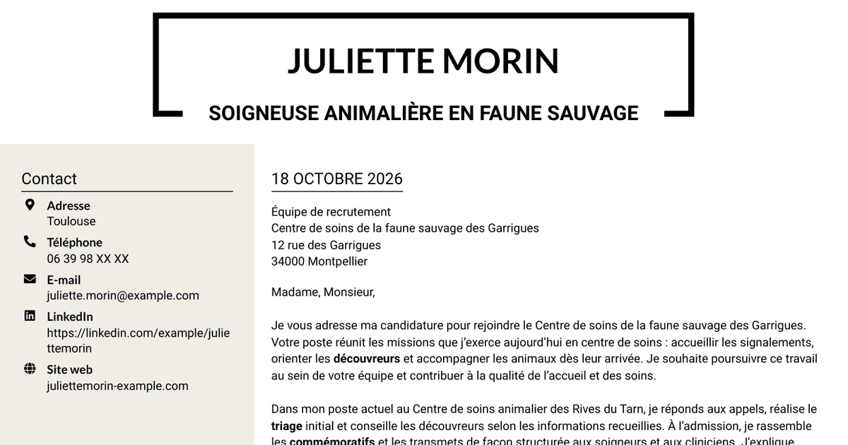 7 modèles de lettre de motivation pour Soigneur animalier en faune sauvage, avec exemples