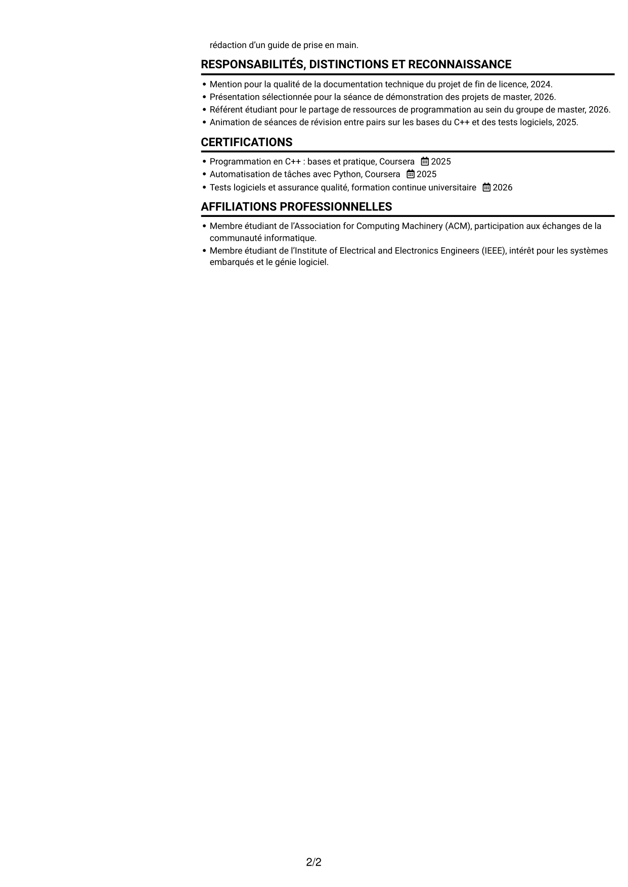 CV Compact (format sobre à deux colonnes avec photo) : Stagiaire Développeur embarqué - C++ et Python, page 2