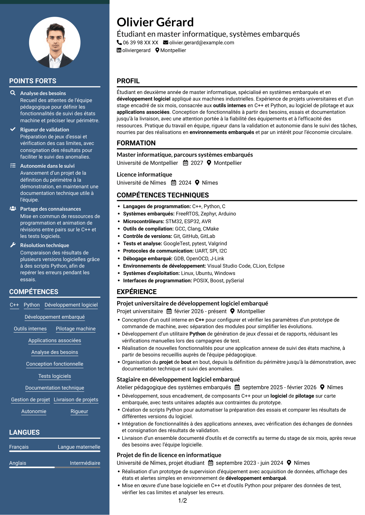 CV Élégant (format à colonne latérale colorée avec photo) : Stagiaire Développeur embarqué - C++ et Python, page 1