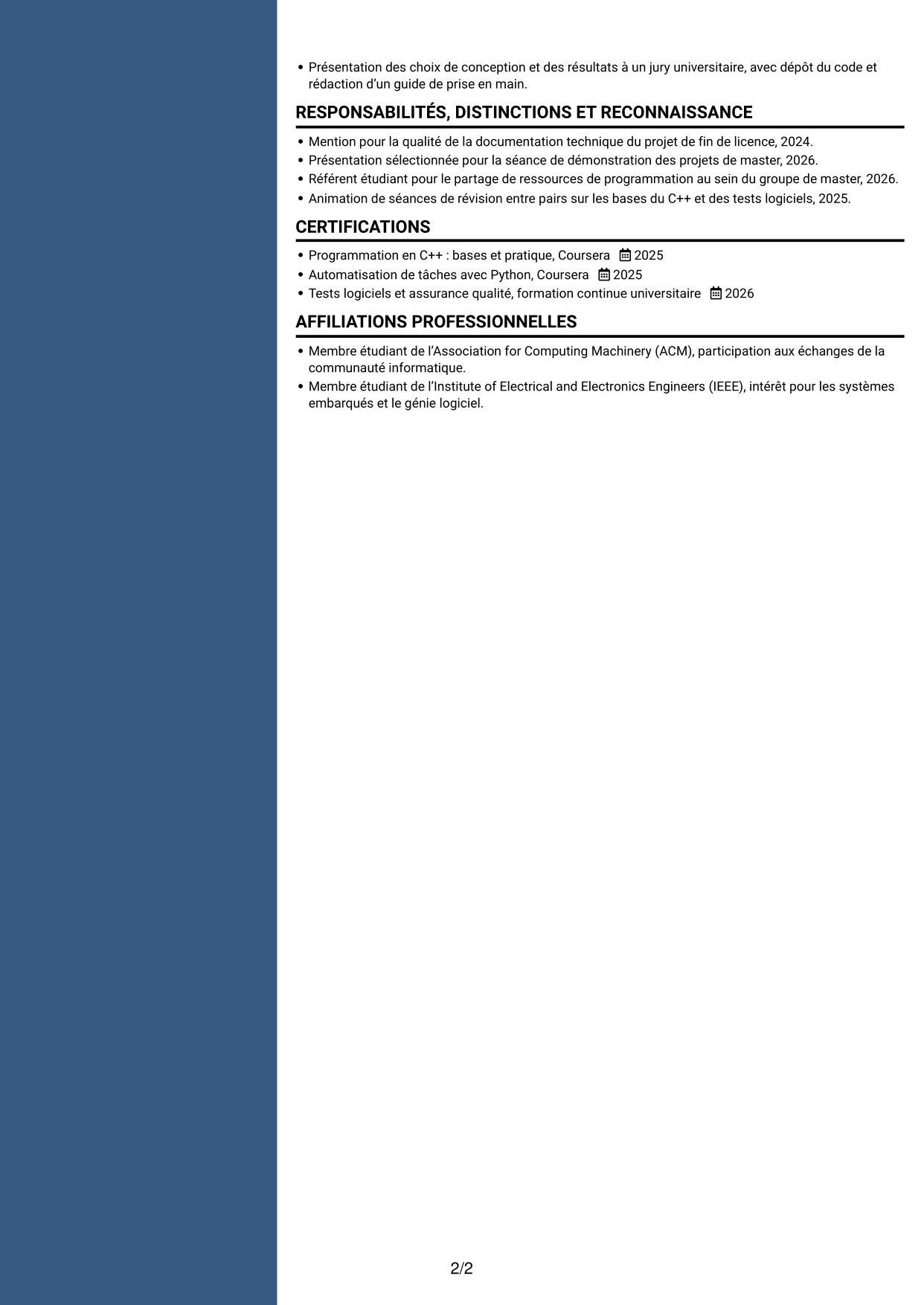 CV Élégant (format à colonne latérale colorée avec photo) : Stagiaire Développeur embarqué - C++ et Python, page 2