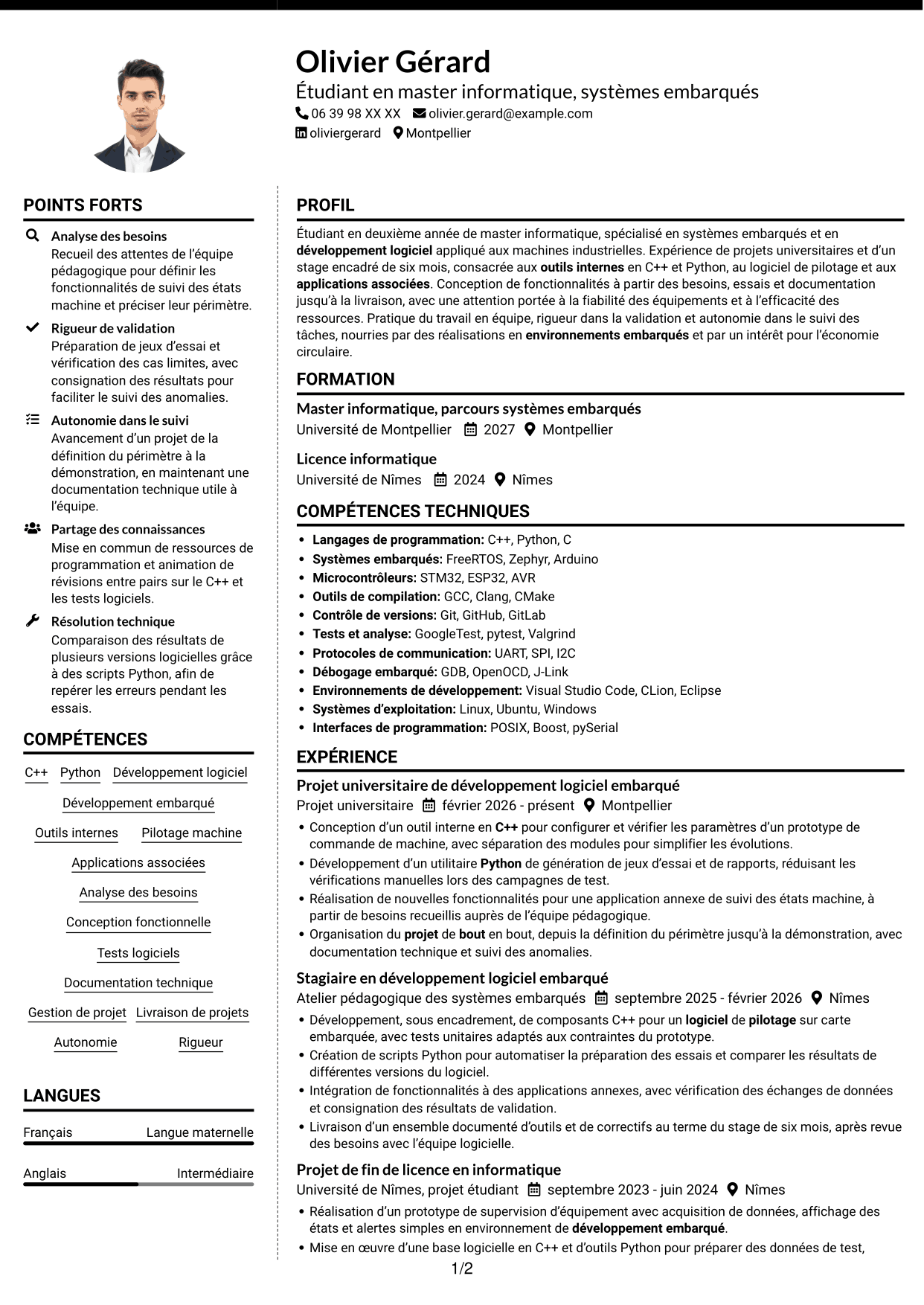 CV Moderne (format à deux colonnes avec photo à gauche et séparateur) : Stagiaire Développeur embarqué - C++ et Python, page 1