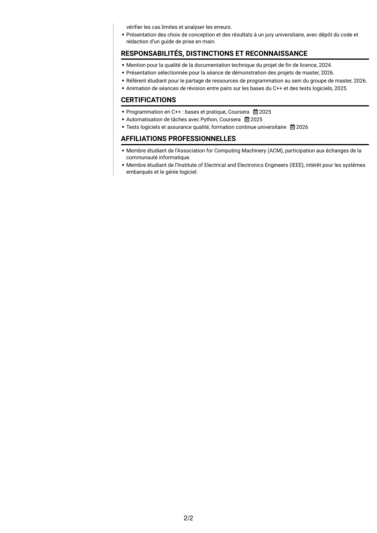 CV Moderne (format à deux colonnes avec photo à gauche et séparateur) : Stagiaire Développeur embarqué - C++ et Python, page 2