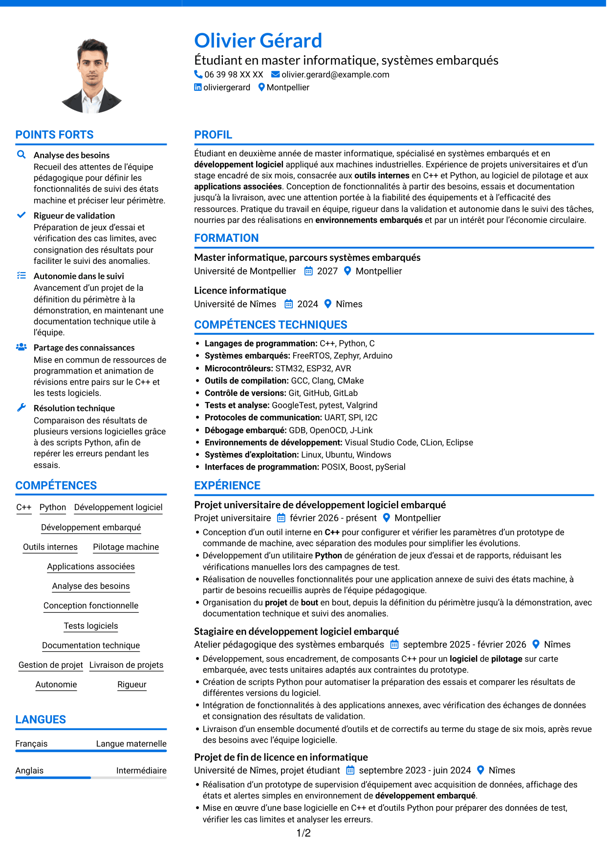 CV Audacieux (format à deux colonnes avec accents colorés et photo) : Stagiaire Développeur embarqué - C++ et Python, page 1