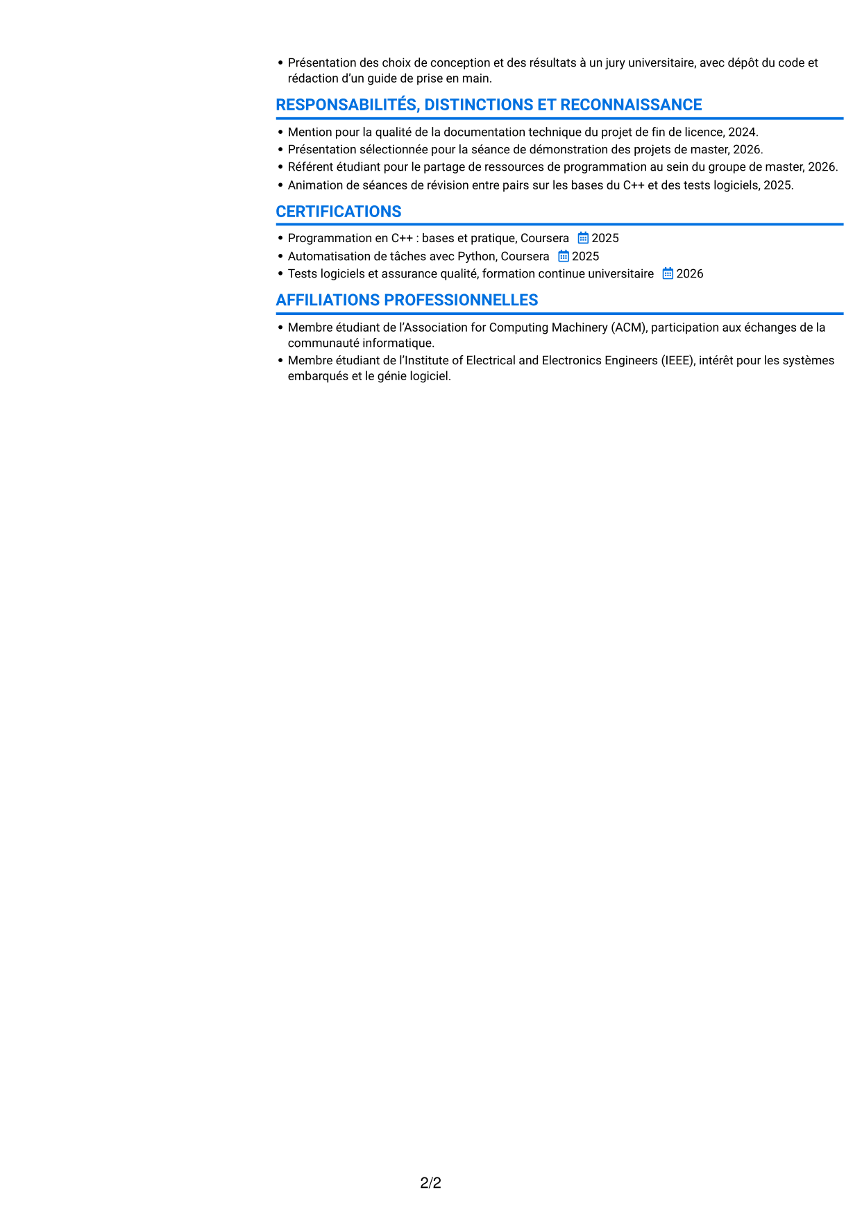 CV Audacieux (format à deux colonnes avec accents colorés et photo) : Stagiaire Développeur embarqué - C++ et Python, page 2