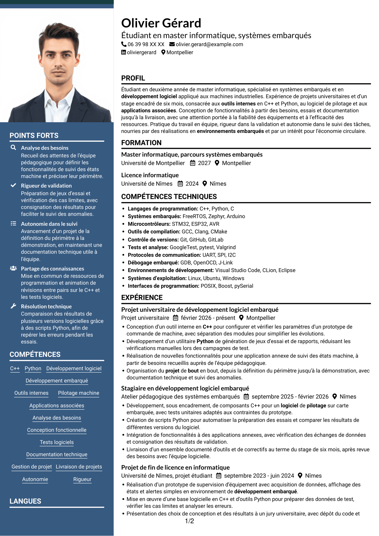 CV Signature (format à colonne latérale colorée avec grande photo) : Stagiaire Développeur embarqué - C++ et Python, page 1