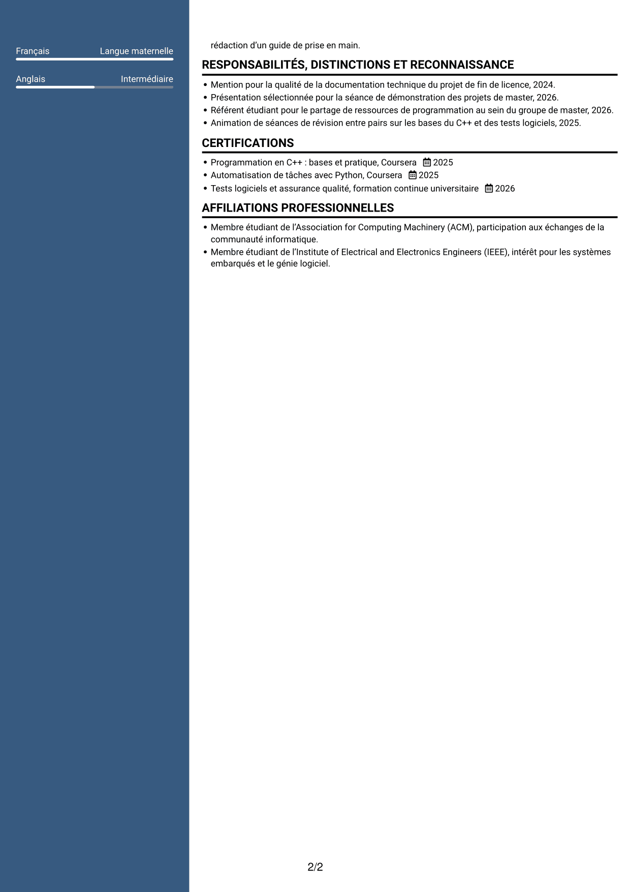 CV Signature (format à colonne latérale colorée avec grande photo) : Stagiaire Développeur embarqué - C++ et Python, page 2
