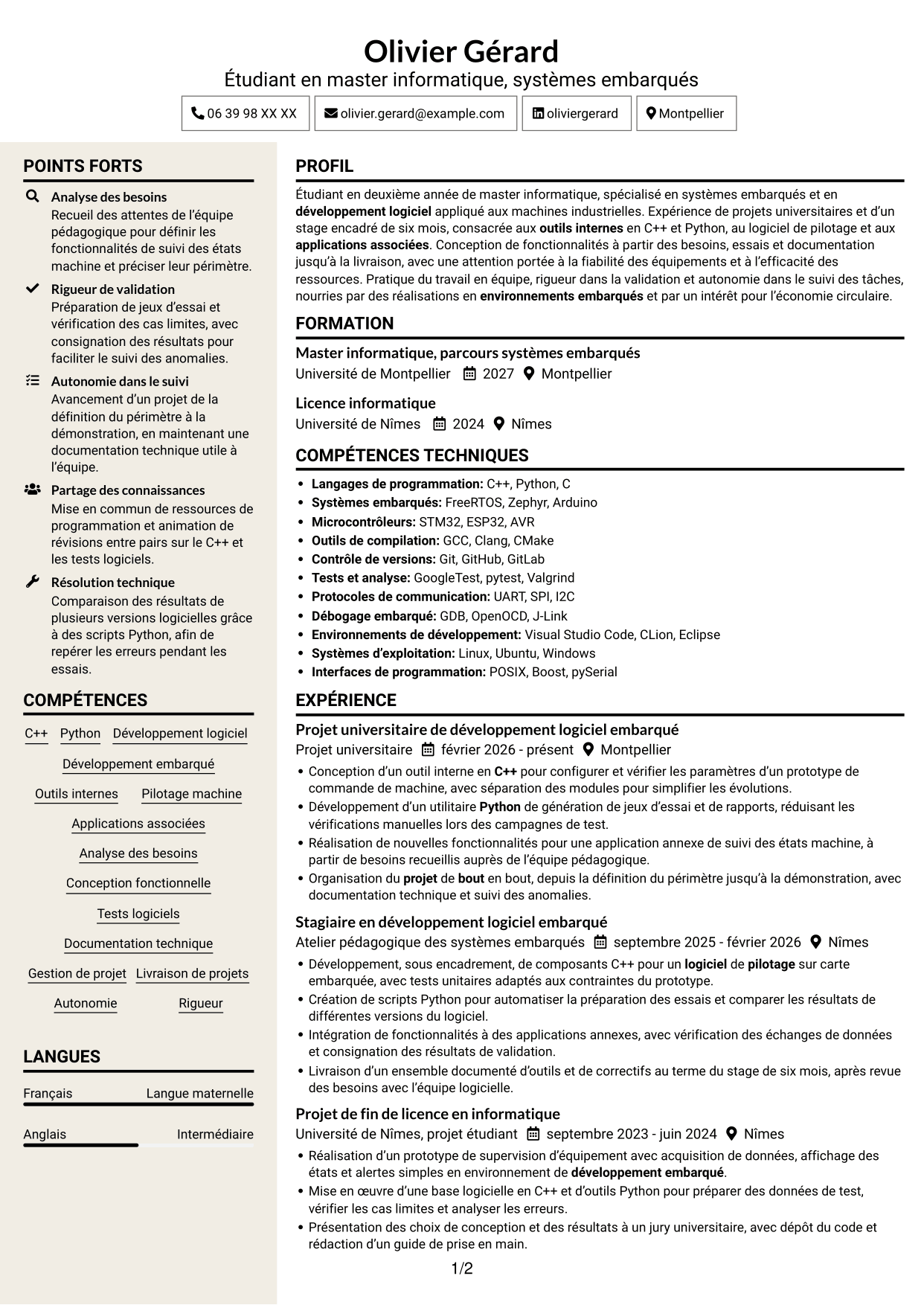 CV Fonceur (format à deux colonnes avec en-tête centré sans photo) : Stagiaire Développeur embarqué - C++ et Python, page 1