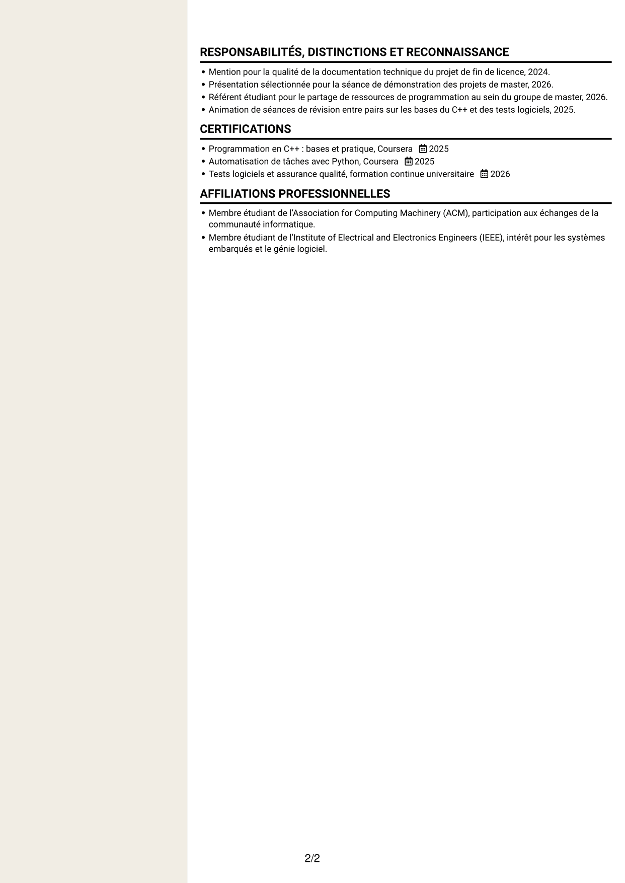 CV Fonceur (format à deux colonnes avec en-tête centré sans photo) : Stagiaire Développeur embarqué - C++ et Python, page 2