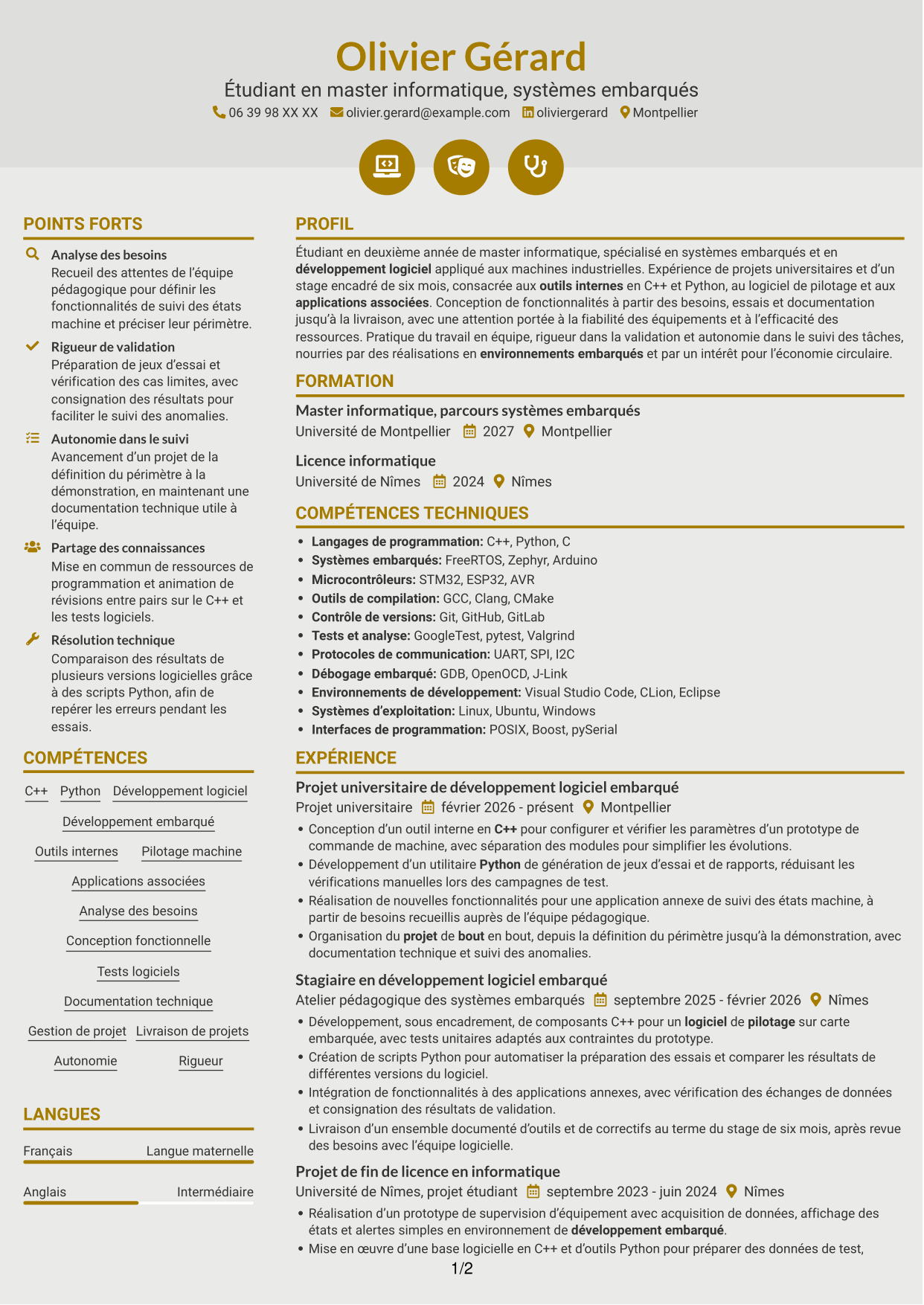 CV Dynamique (format à deux colonnes avec icônes) : Stagiaire Développeur embarqué - C++ et Python, page 1