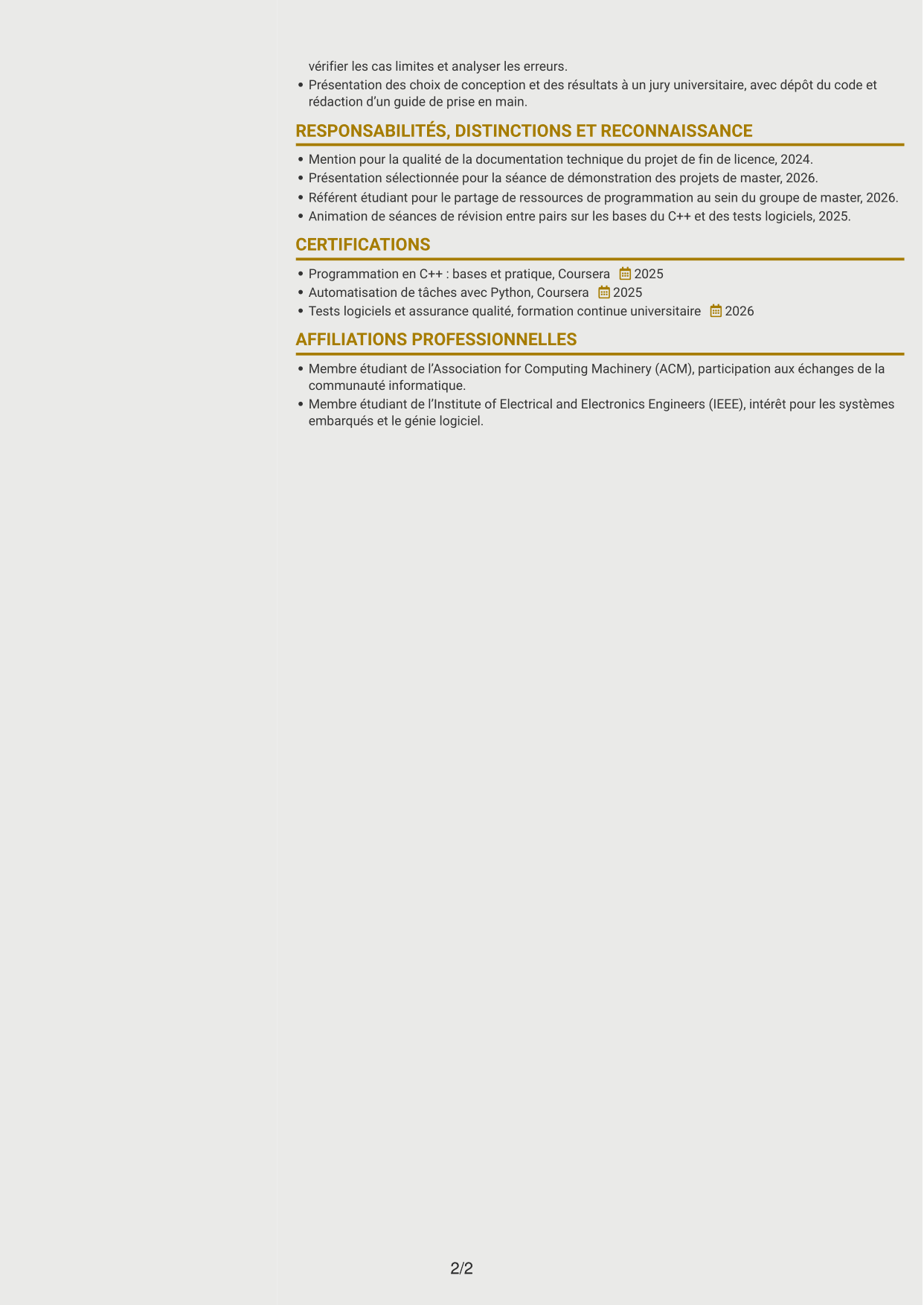 CV Dynamique (format à deux colonnes avec icônes) : Stagiaire Développeur embarqué - C++ et Python, page 2
