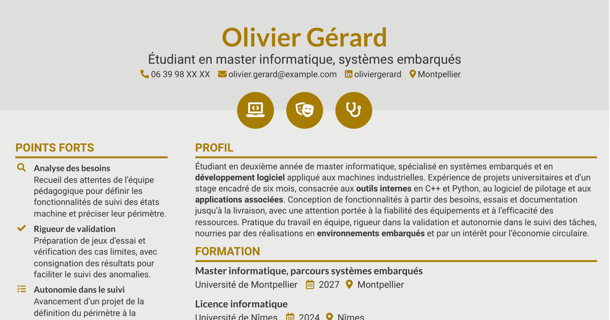 7 modèles de CV pour Stagiaire Développeur embarqué - C++ et Python, avec exemples