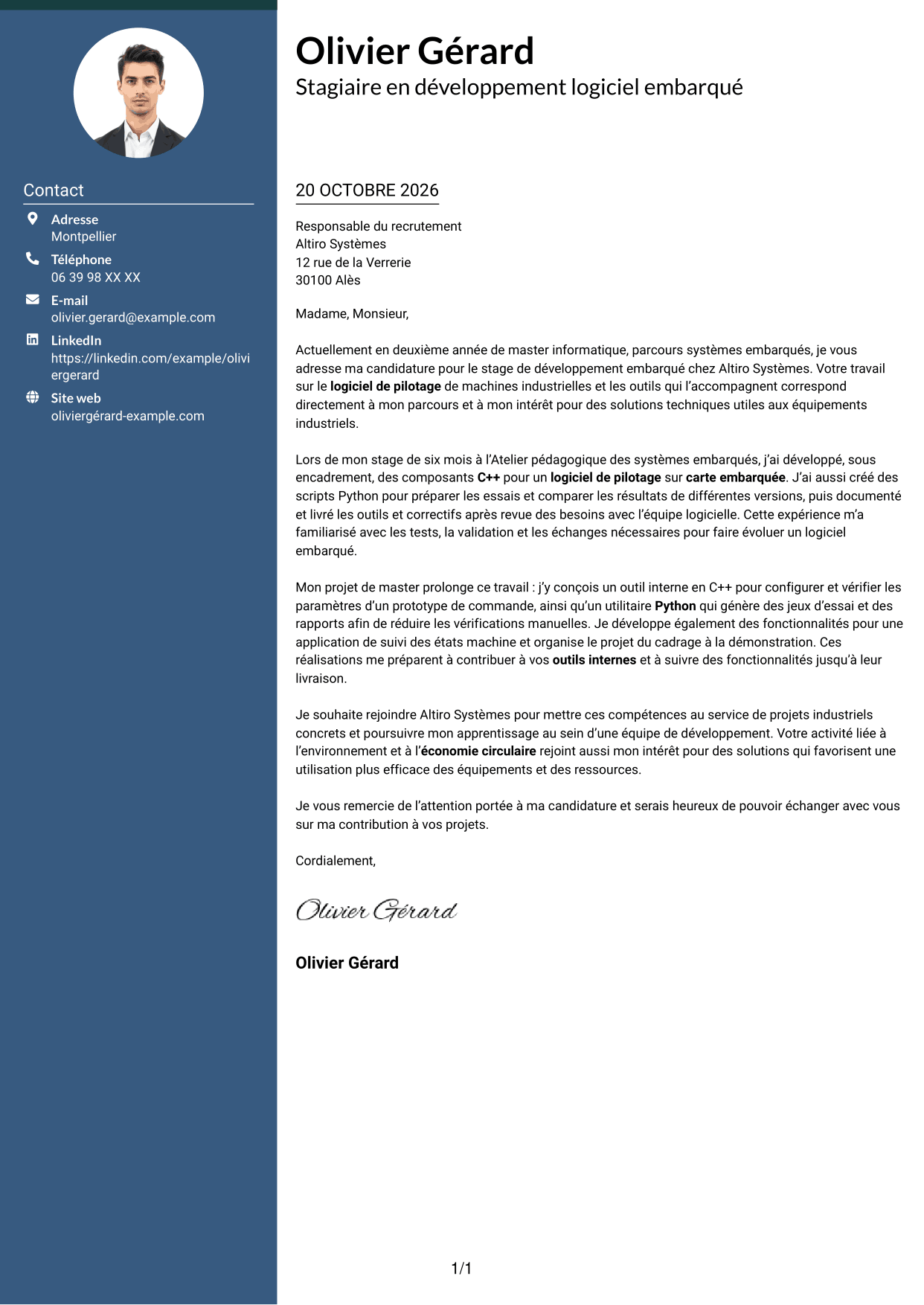Lettre de motivation Élégant (format à colonne latérale colorée avec photo) : Stagiaire Développeur embarqué - C++ et Python, page 1