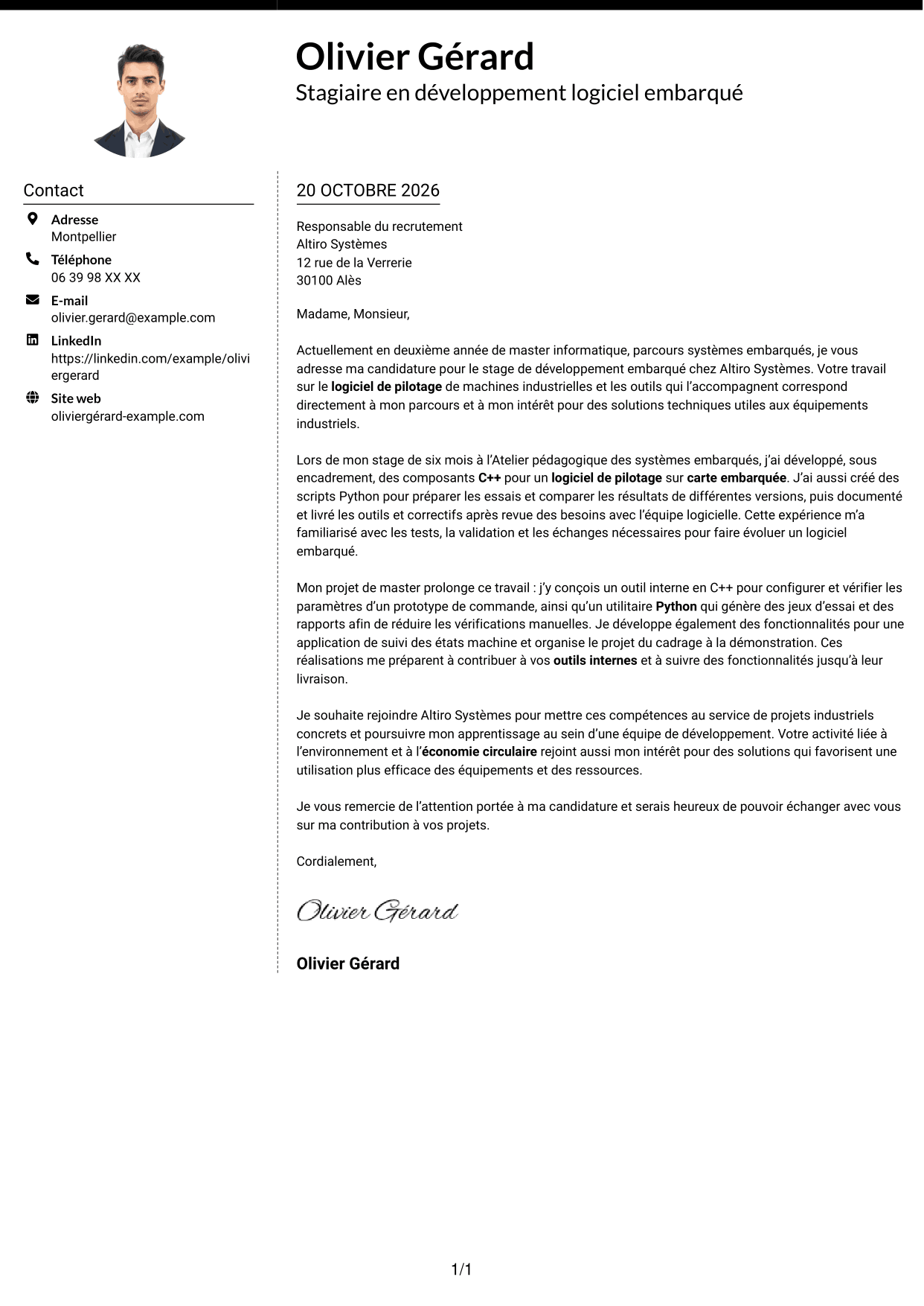 Lettre de motivation Moderne (format à deux colonnes avec photo à gauche et séparateur) : Stagiaire Développeur embarqué - C++ et Python, page 1