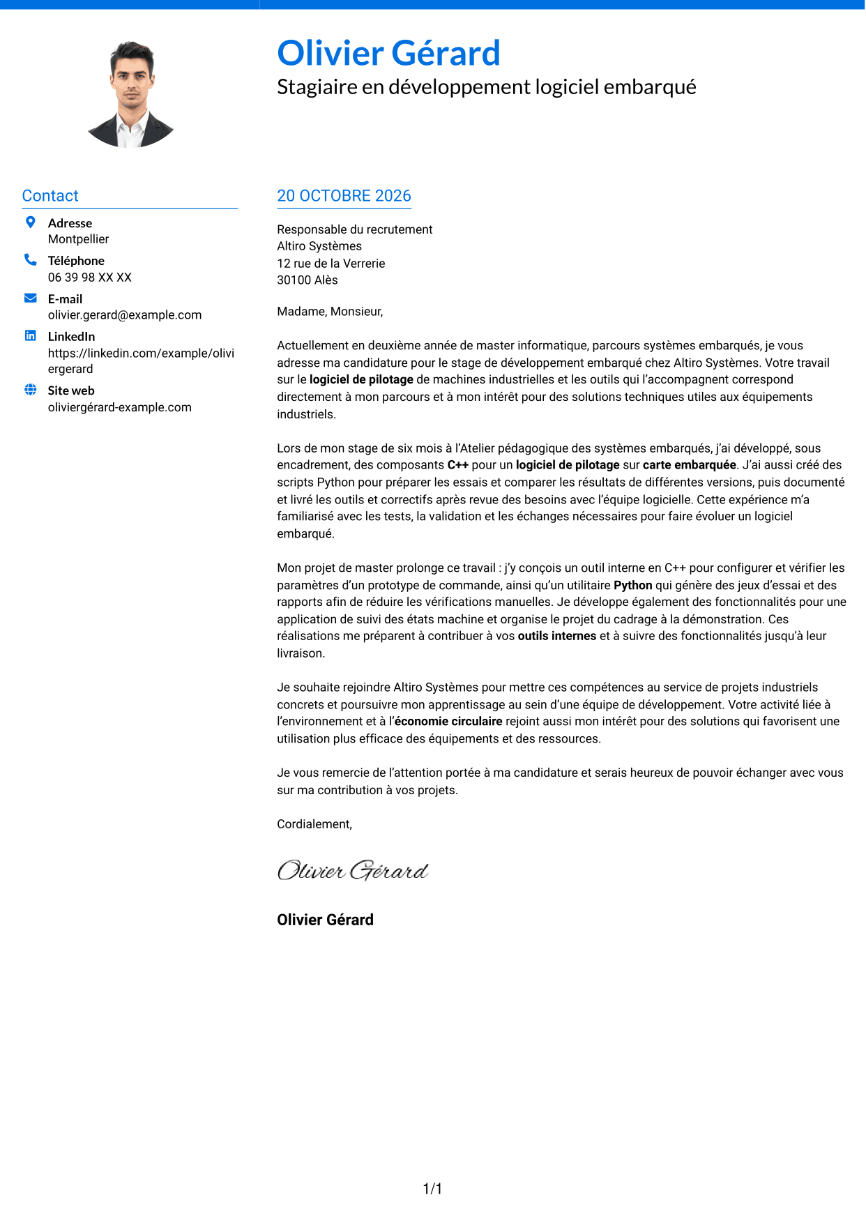 Lettre de motivation Audacieux (format à deux colonnes avec accents colorés et photo) : Stagiaire Développeur embarqué - C++ et Python, page 1