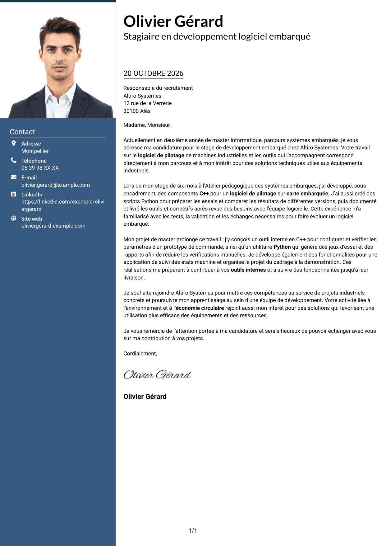 Lettre de motivation Signature (format à colonne latérale colorée avec grande photo) : Stagiaire Développeur embarqué - C++ et Python, page 1