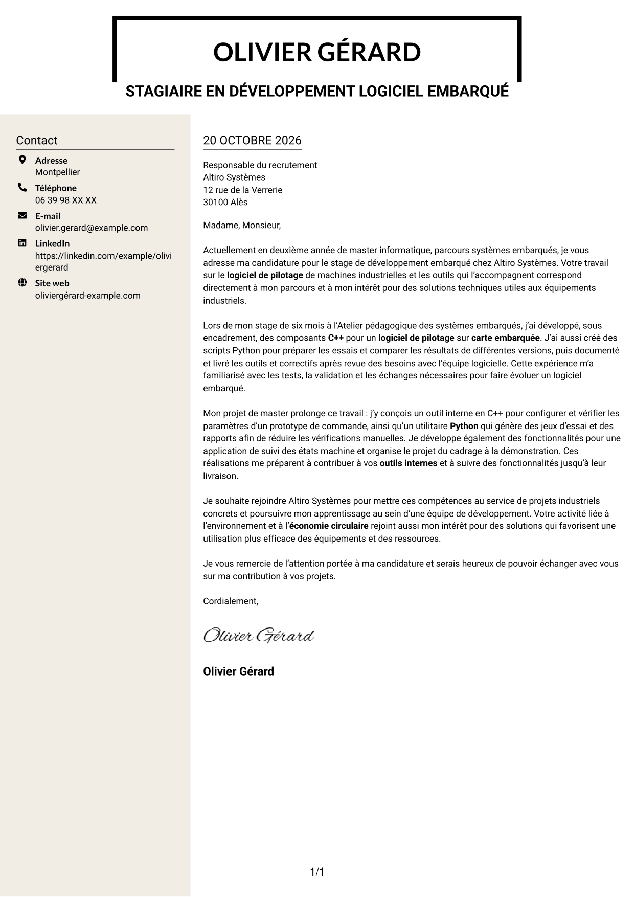 Lettre de motivation Fonceur (format à deux colonnes avec en-tête centré sans photo) : Stagiaire Développeur embarqué - C++ et Python, page 1