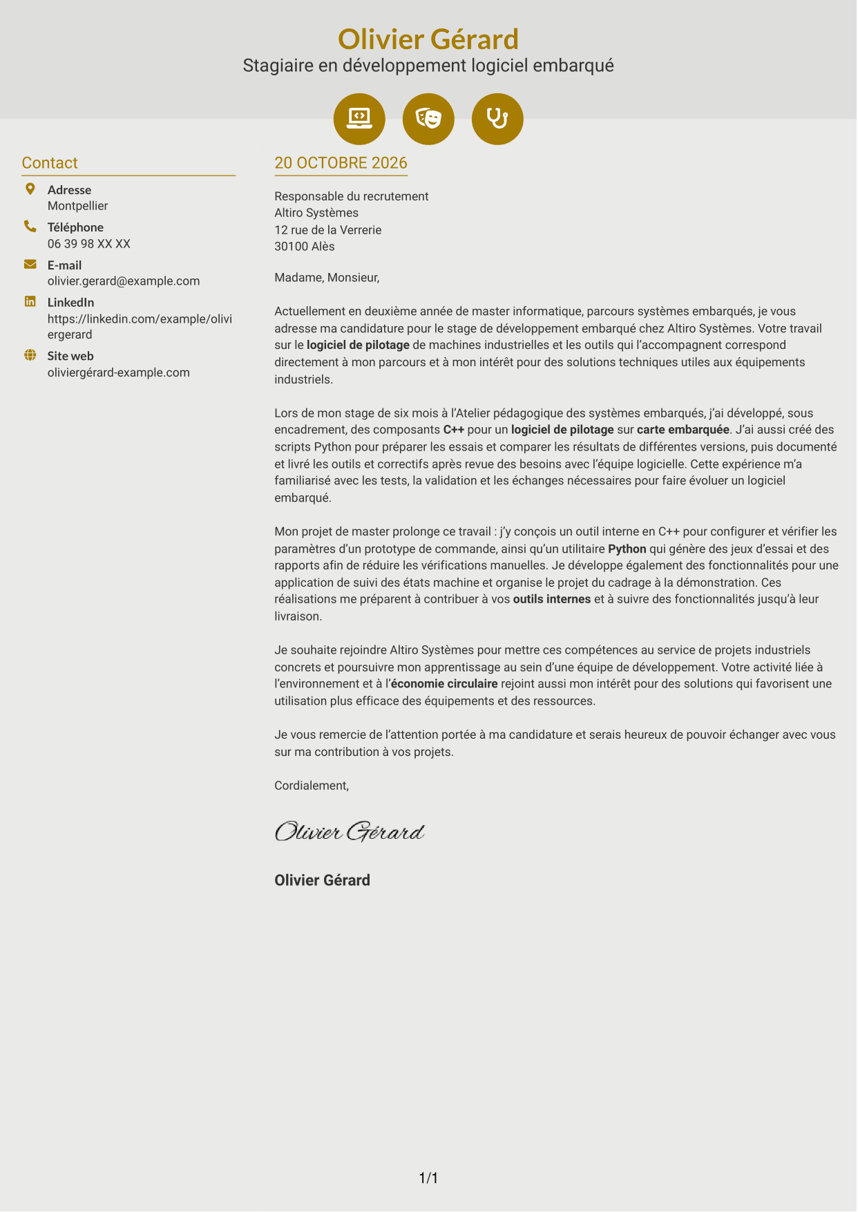 Lettre de motivation Dynamique (format à deux colonnes avec icônes) : Stagiaire Développeur embarqué - C++ et Python, page 1